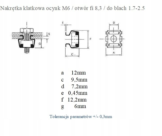 Nakrętka M6 klatkowa wkładana od tyłu do otworu 9,5 x 9,5 mm AN-KH 9.5x9.5 M6 001343729