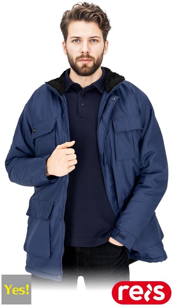 Męska kurtka ochronna męska zamek rzep napy stójka kaptur chowany ocieplana tkanina Oxford 200D powlekana poliuretanem podszewka polar coral granatowy
