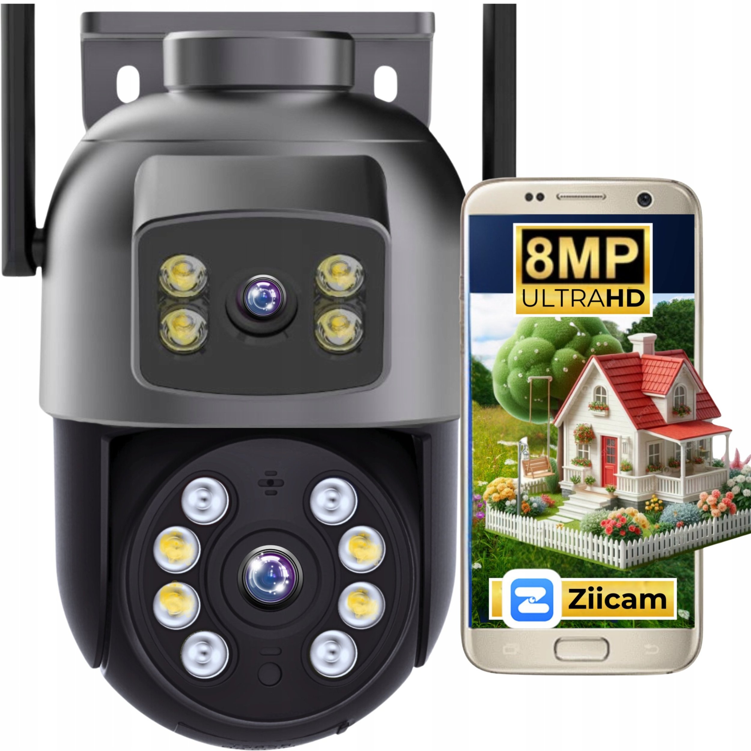 Podwójna Kamera WIFI IP Zewnętrzna Obrotowa 8MPX Mikrofon FUNKCJE AI CZARNA [S-II]