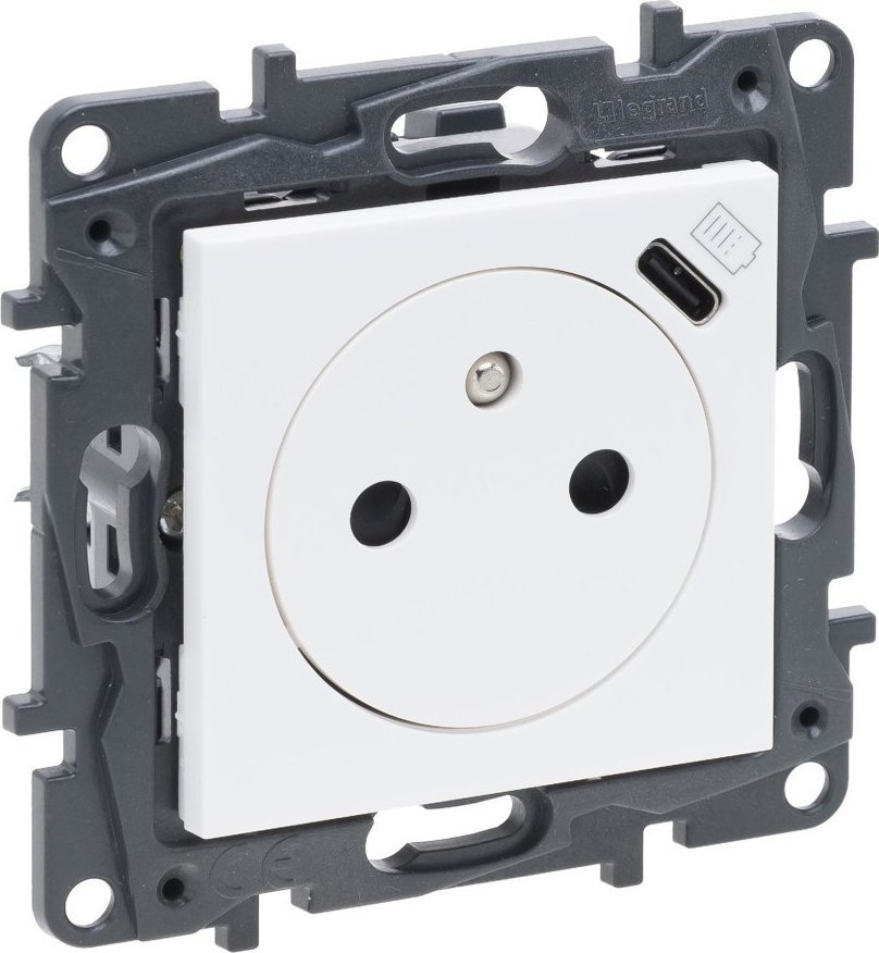 Legrand Ładowarka USB-C z gniazdem pojedynczym Legrand Niloe Step 863138 gniazdo z uziemieniem z przesłonami ładowarka typ C 1,5A białe