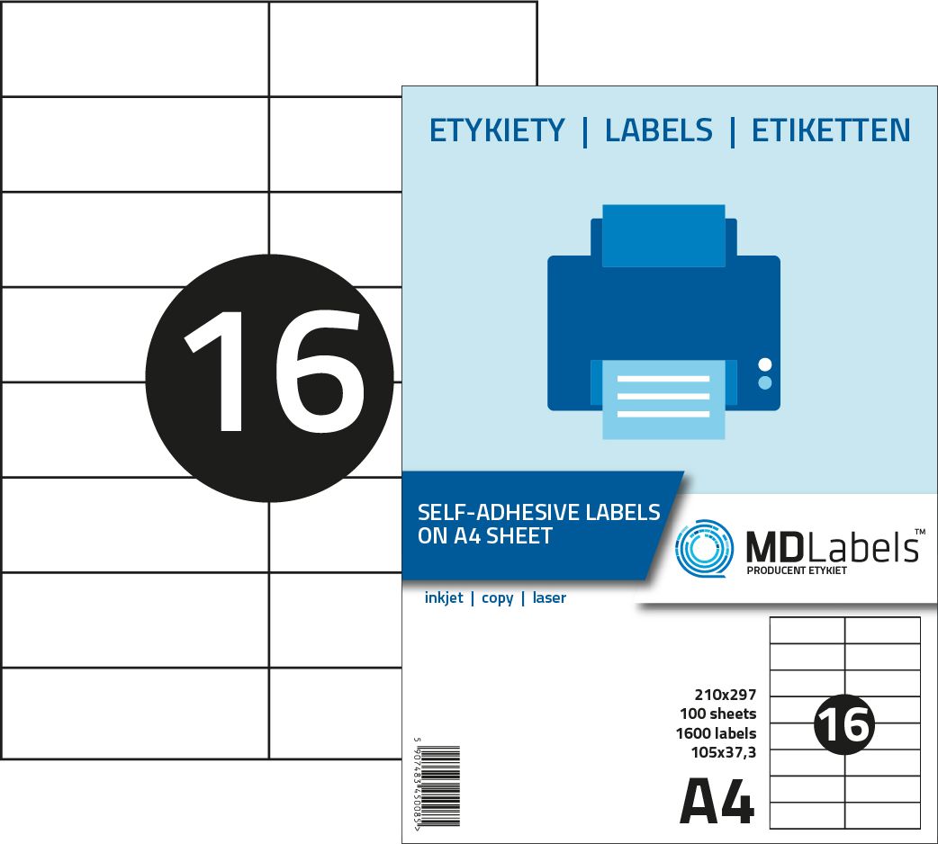 MD Labels Etykiety naklejki samoprzylepne 105x37,3mm na arkuszu A4 100 ark