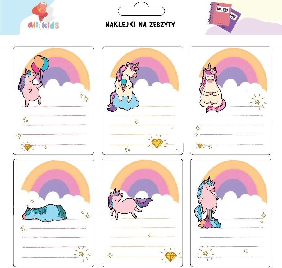 Naklejki na szafkę i zeszyt Tęczowe jednorożce