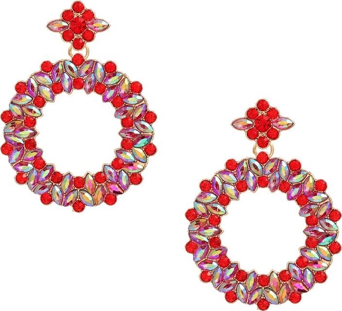 Złote długie duże kolczyki kółka okrągłe czerwone kamienie strass ozdobne