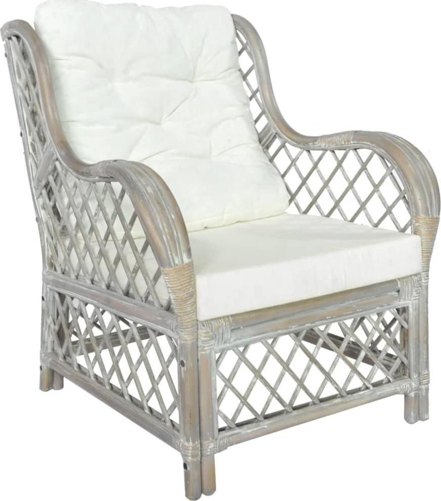 vidaXL Fotel z poduszką, szary, naturalny rattan i len