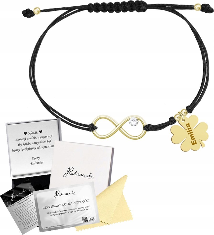 Radziszewska Jewellery Bransoletka Złota z Koniczyną Nieskończoność 925 Biżuteria Prezent GRAWER
