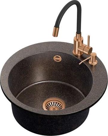 Zlewozmywak Steiner ART JAMES 210 (Ø51x20) Steingran Art Copper Black Pearl z syfonem manualnym, baterią Maggie PVD i dozownikiem - czarny opalizacja