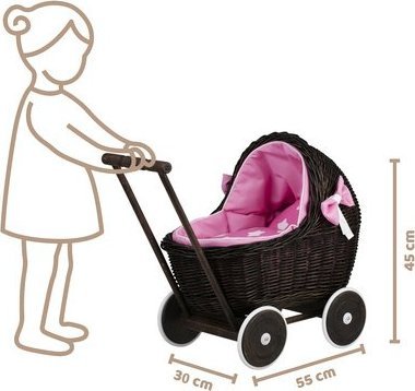 WickerPL lili WIKLINOWY WÓZEK DLA LALEK Z różowym OBSZYCIEM 48X28 H26/47 CM