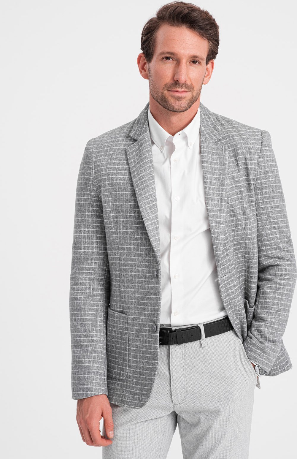 Ombre Marynarka męska w kratę z dodatkiem wełny - szara V1 OM-BLZB-0117 M