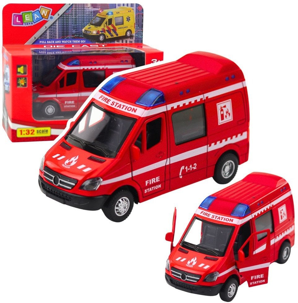 LeanToys Samochód Strażacki Metalowy Napęd Pull Back Światła Dźwięki Czerwony 1:32