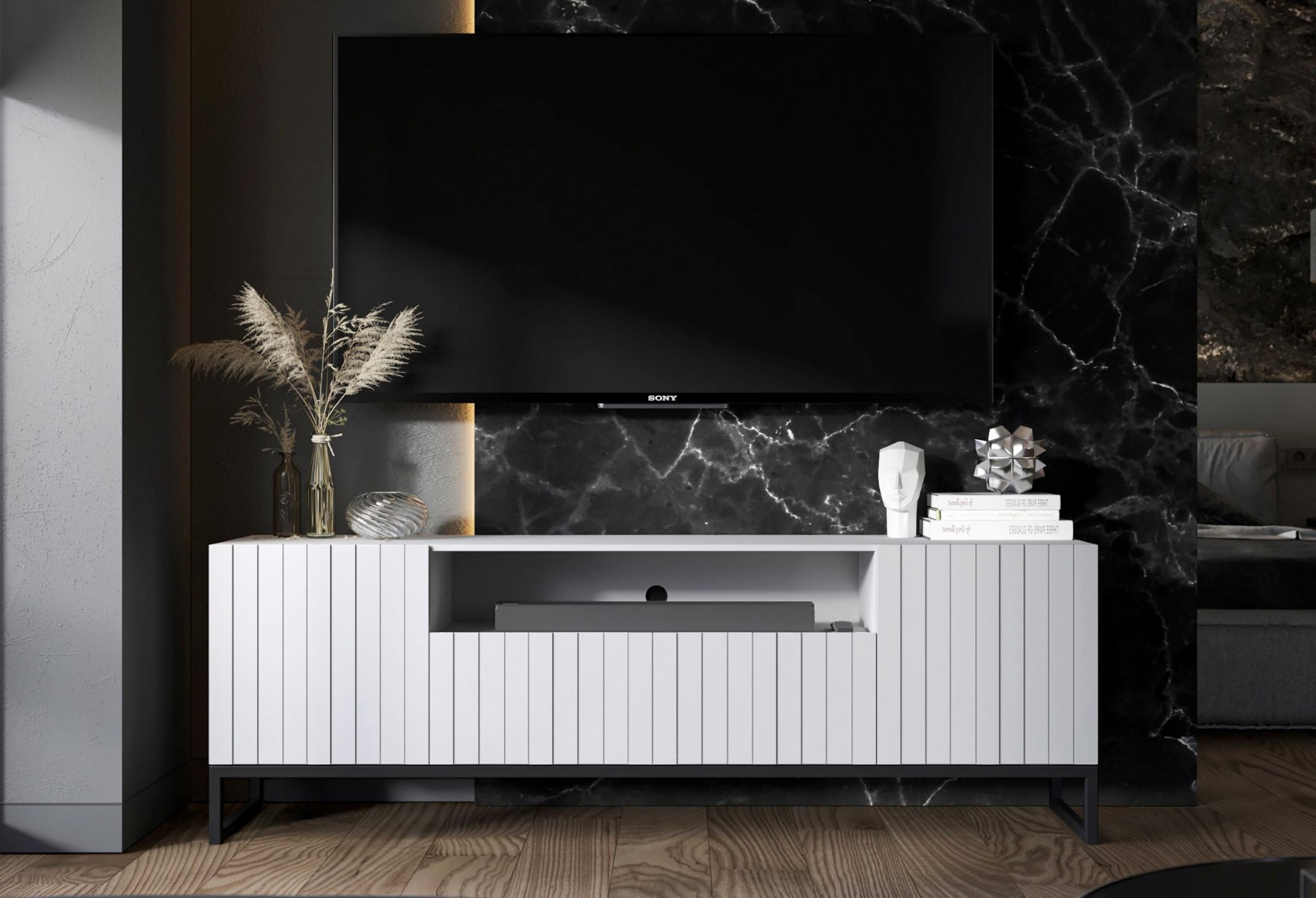 Meble Lindner Loft Szafka RTV Biały Mat Nowoczesna Komoda RTV Glamour Metalowa Rama 150 cm Industrialna MAT