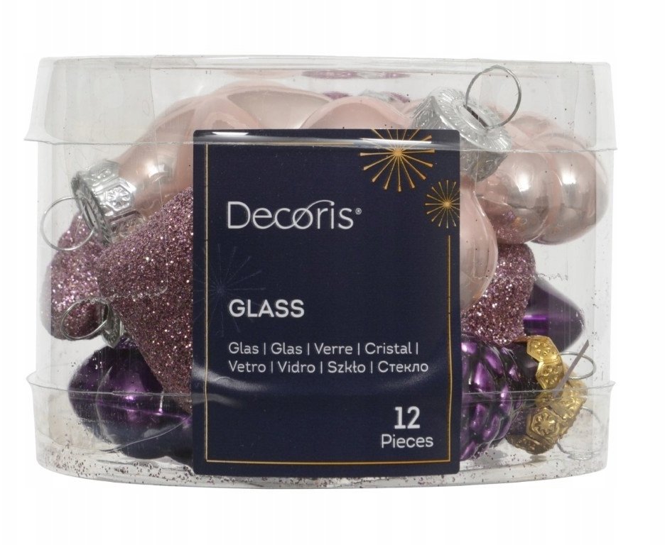 Bombki choinkowe szklane zestaw 12 sztuk mix wzorów fioletowo różowe do 5cm