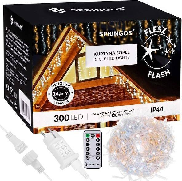 Springos Kurtyna świetlna 300 led girlanda, lampki wewnętrzno-zewnętrzne sople biały ciepły + biały flash UNIWERSALNY