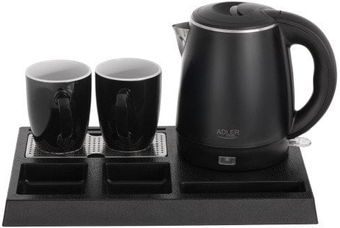 AD 1387 Czajnik hotelowy ze stali nierdzewnej o pojemności 1,0 l | tacka powitalna z kubkami i przegródkami