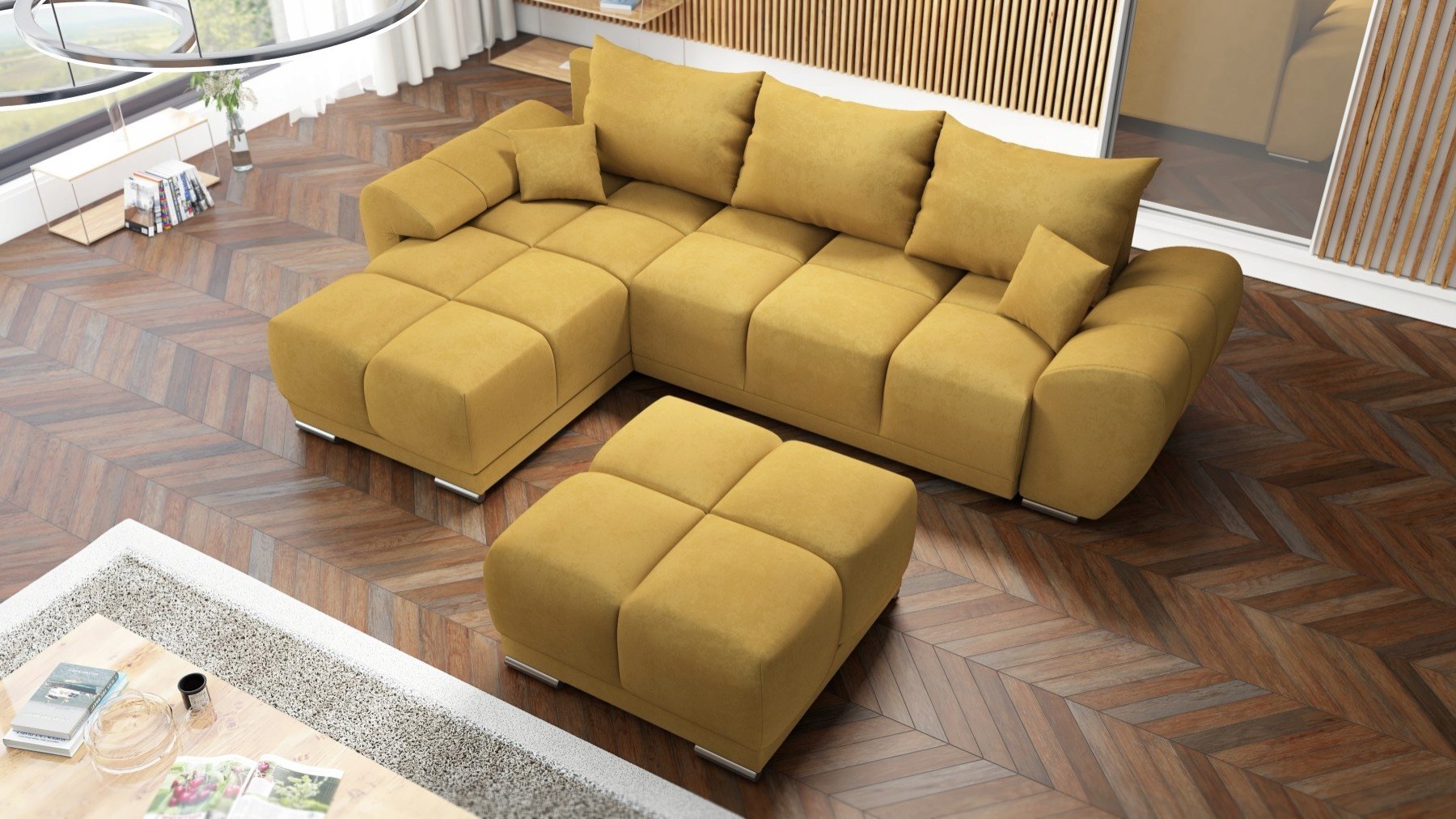 MUSZTARDOWY NAROŻNIK ROZKŁADANY ROGÓWKA FUNKCJA SPANIA HONEY L + DUŻA PUFA