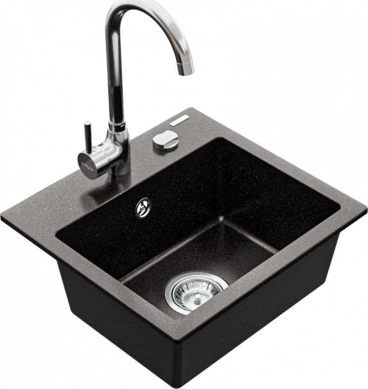 Zlewozmywak Mexen Milo granitowy 1-komorowy z baterią kuchenną Telma, czarny/srebrny - 6505-73-670200-00