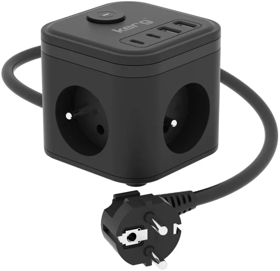 Listwa zasilająca Kerg Kostka zasilająca 3-gniazdowa + ładowarka USB-A+USB-C 1,5m 3×1,5mm2 H05VV-F 16A/250V~ Smart czarna