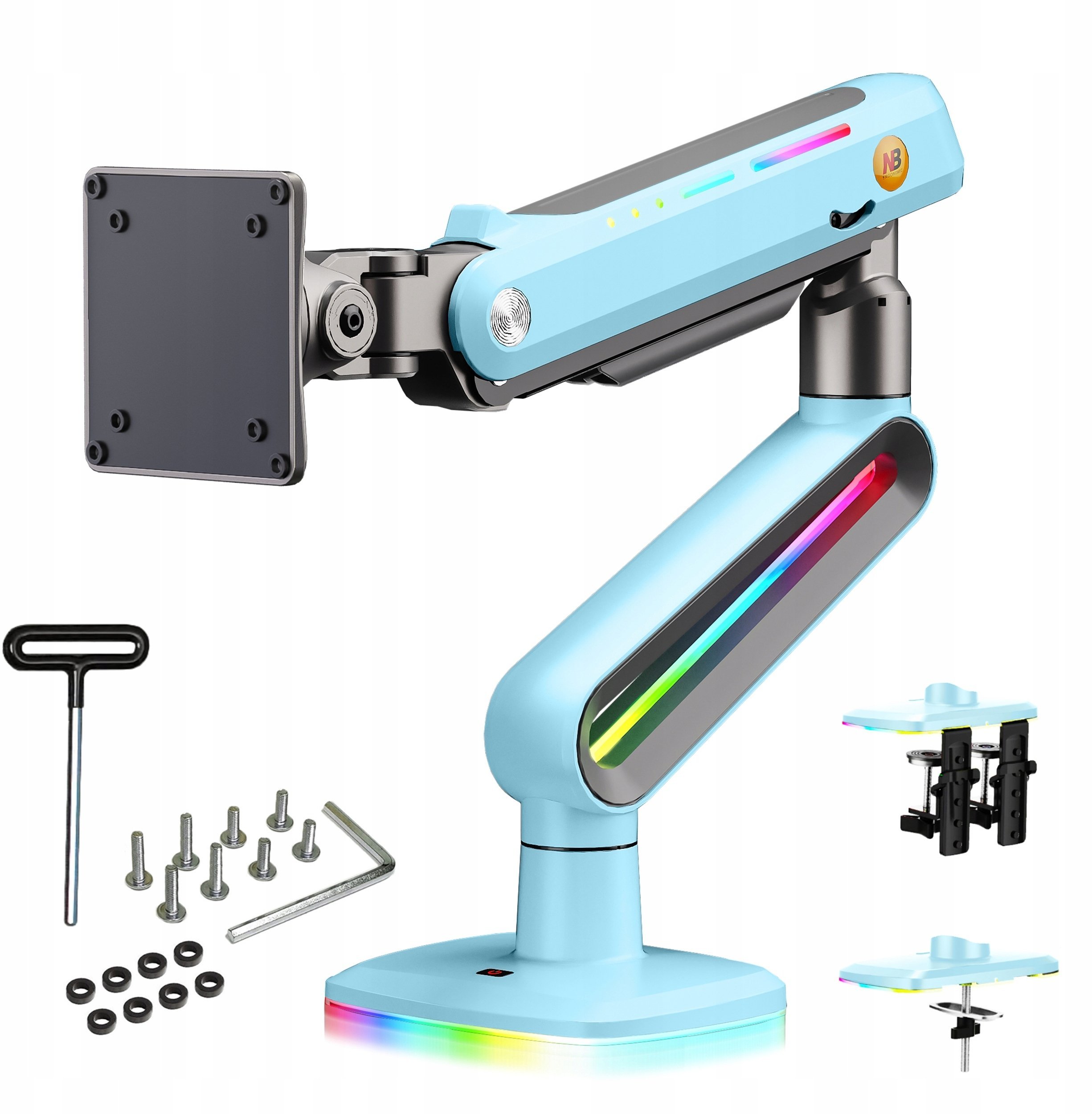 F6-XM Gulf Blue Podświetlenie RGB Gamingowy mocny uchwyt biurkowy do dużych monitorów 32-60 cali