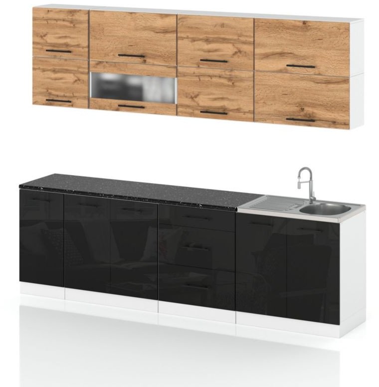 Meble Kuchenne Nowoczesne Kuchnia Robo Lux 2.6m Szafki Sonoma Czarny Połysk