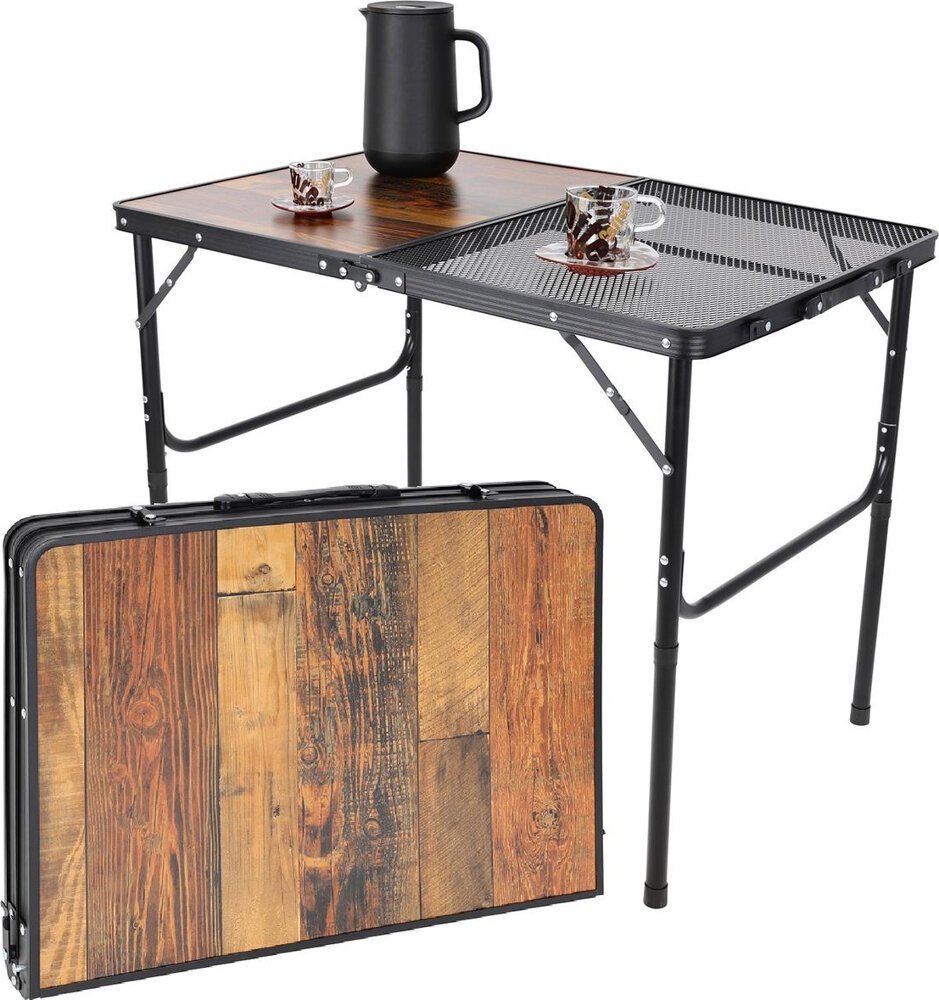 vidaXL STOLIK TURYSTYCZNY SKŁADANY KEMPINGOWY 90X60X36-68CM SIATKA STALOWA DREWNO