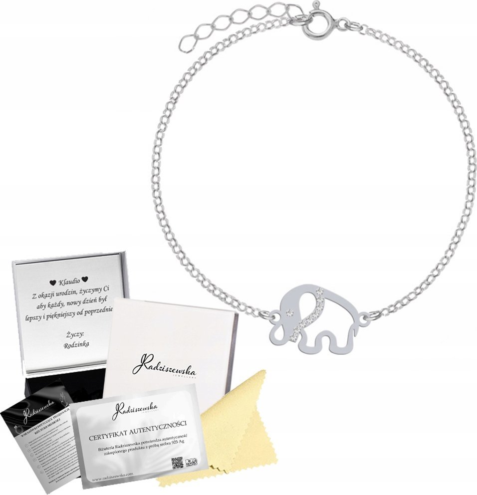 Radziszewska Jewellery BRANSOLETKA SREBRNA SŁONIK NA SZCZĘŚCIE ŁAŃCUSZEK PREZENT ŻYCZENIA GRATIS