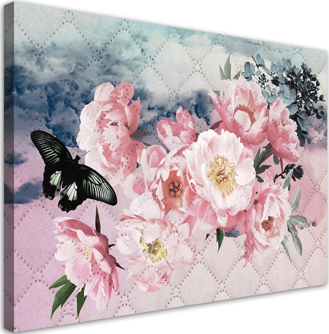 Feeby Obraz na płótnie, Różowe kwiaty i czarny motyl - 120x80