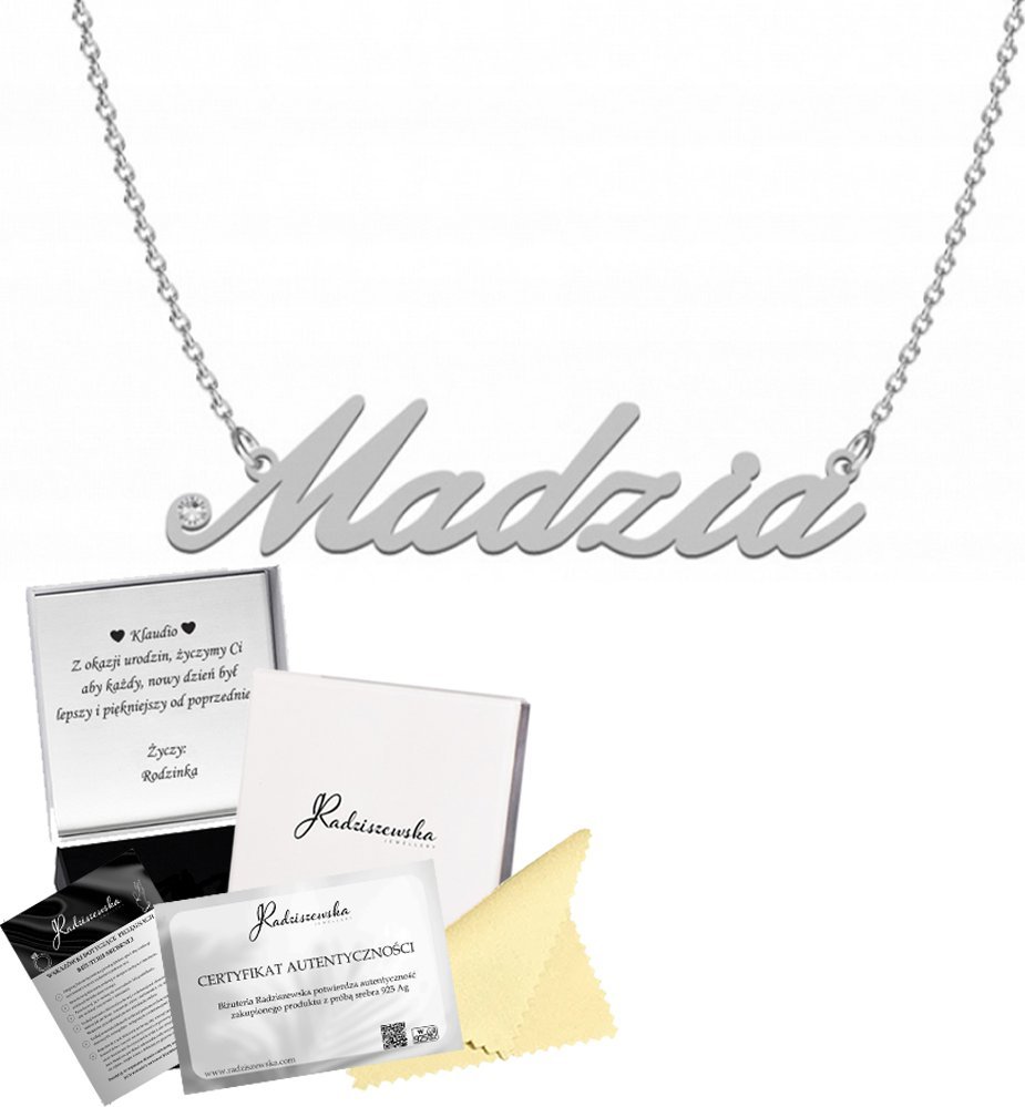 Radziszewska Jewellery NASZYJNIK Z IMIENIEM MADZIA SREBRO 925 ŁAŃCUSZEK BIŻUTERIA ŻYCZENIA GRATIS