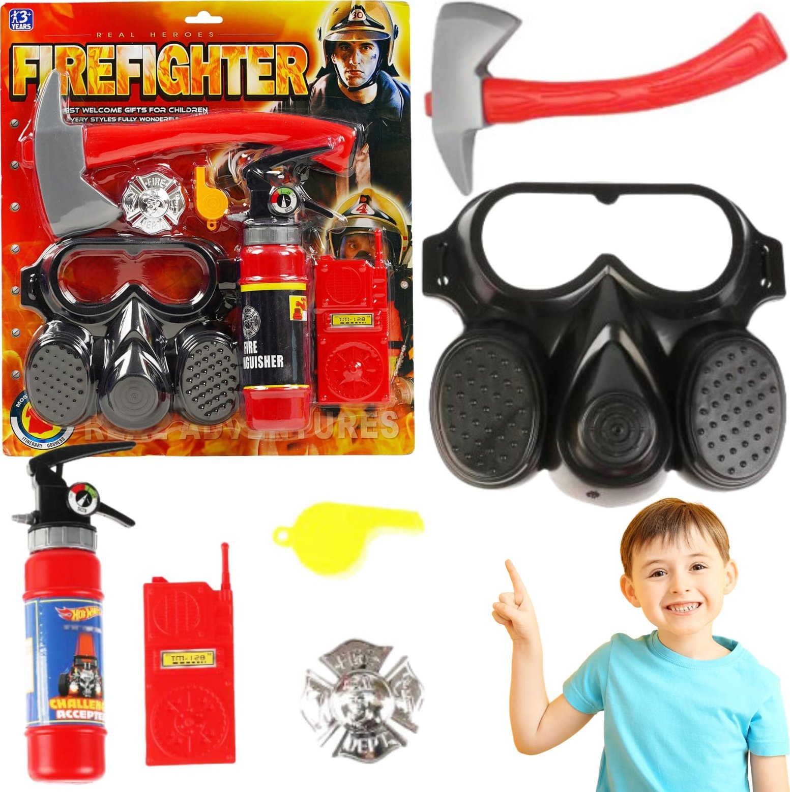 Zestaw Małego Strażaka Gaśnica Na Wodę Maska Siekiera Gwizdek Krótkofalówka