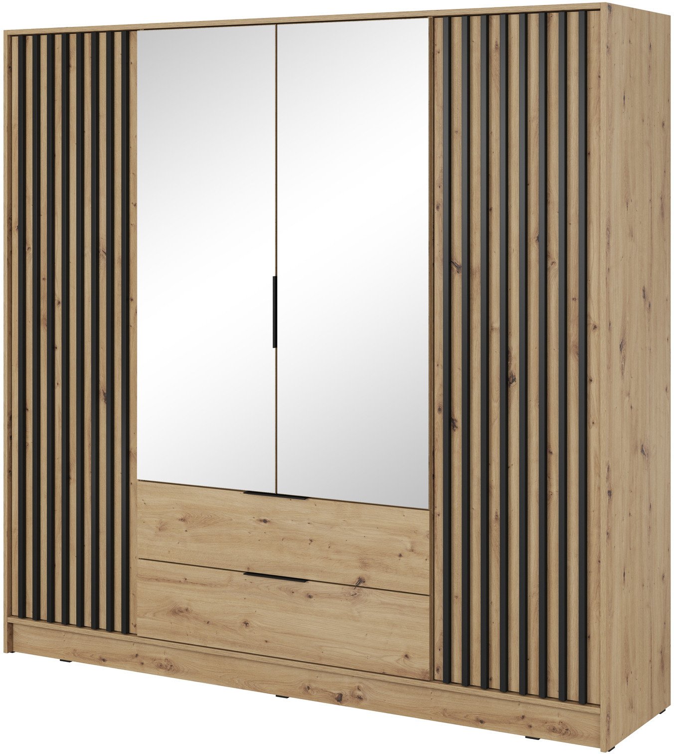Szafa Stilo w kolorze dąb artisan czterodrzwiowa z lustrem i lamelami na froncie