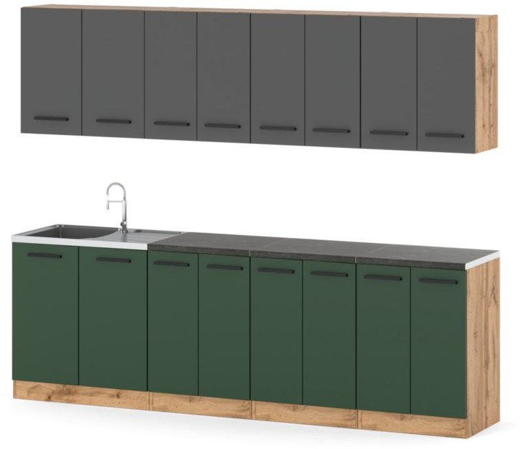 Kuchnia Vero 2.6m Modułowa Nowoczesna Blat Wotan Szara Mat Butelkowa Zieleń