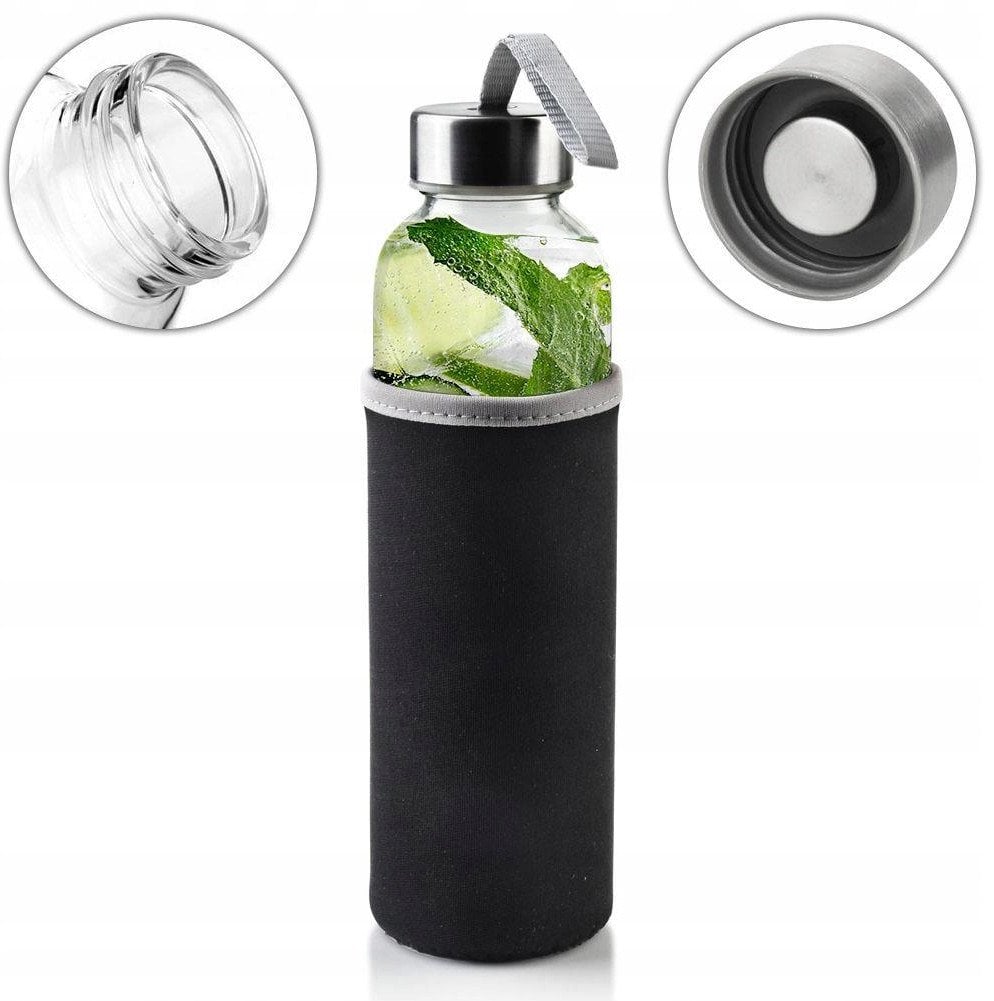 Butelka na Wodę MONDEX Szklana z Pokrowcem 490 ml Czarna Na Siłownię