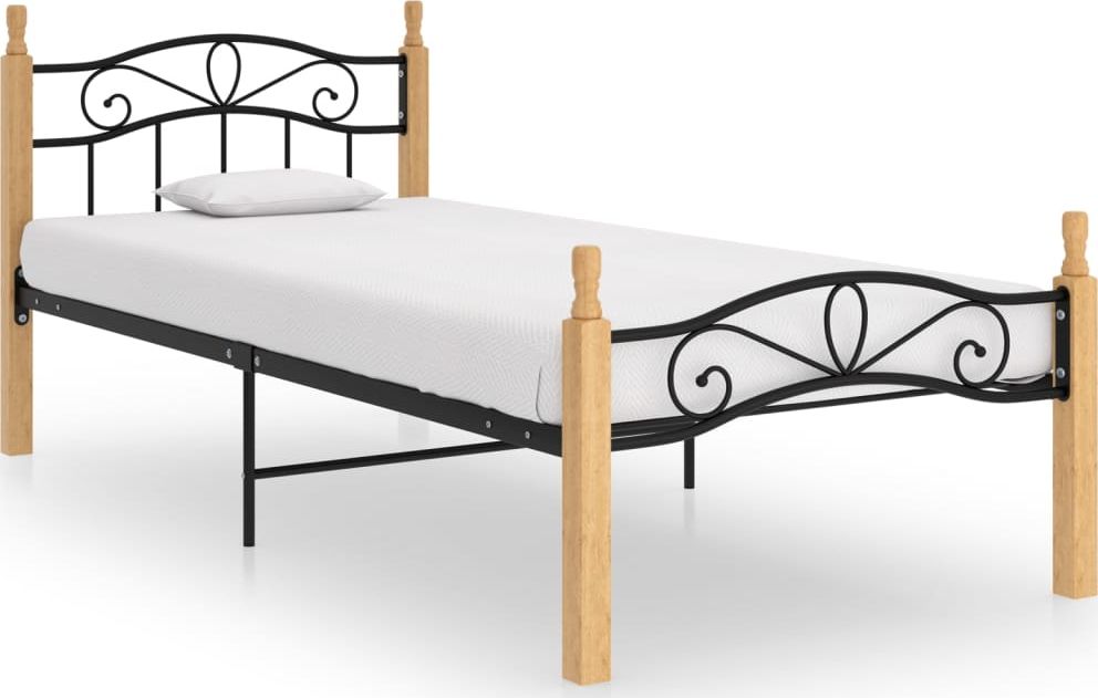 vidaXL Rama łóżka, czarny metal i lite drewno dębowe, 90x200 cm
