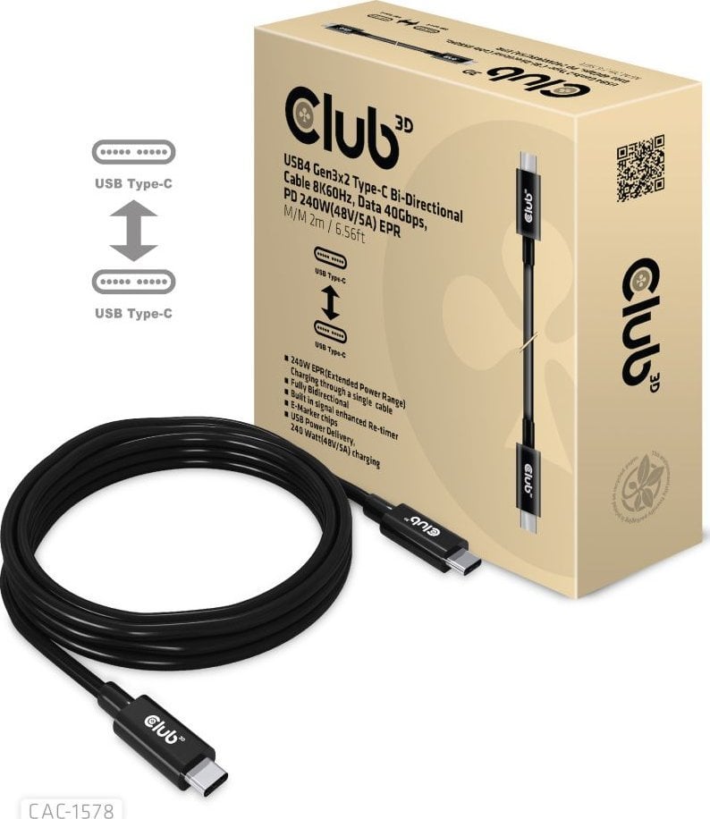 Club 3D Club3D Kabel USB4 Gen3x2 Type-C Oboustranný kabel 8K60Hz, Data 40 Gbps, PD 240W(48V/5A) EPR M/M 2m