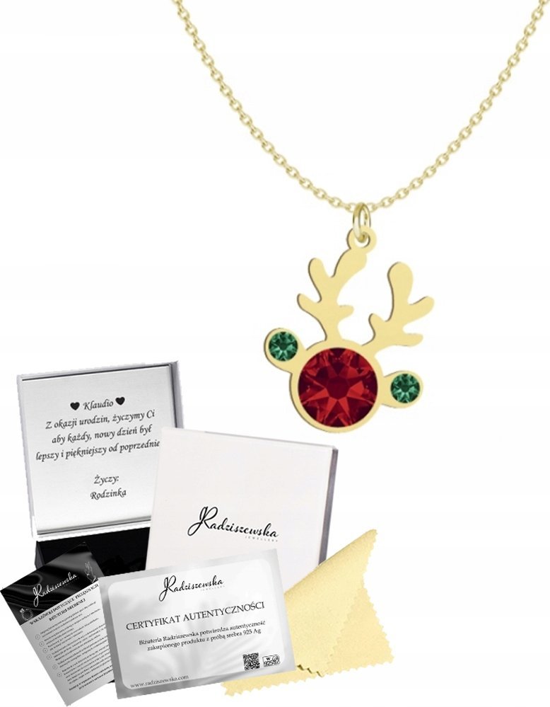 Radziszewska Jewellery Złoty Naszyjnik Świąteczny Renifer Boże Narodzenie 925 ŻYCZENIA GRATIS