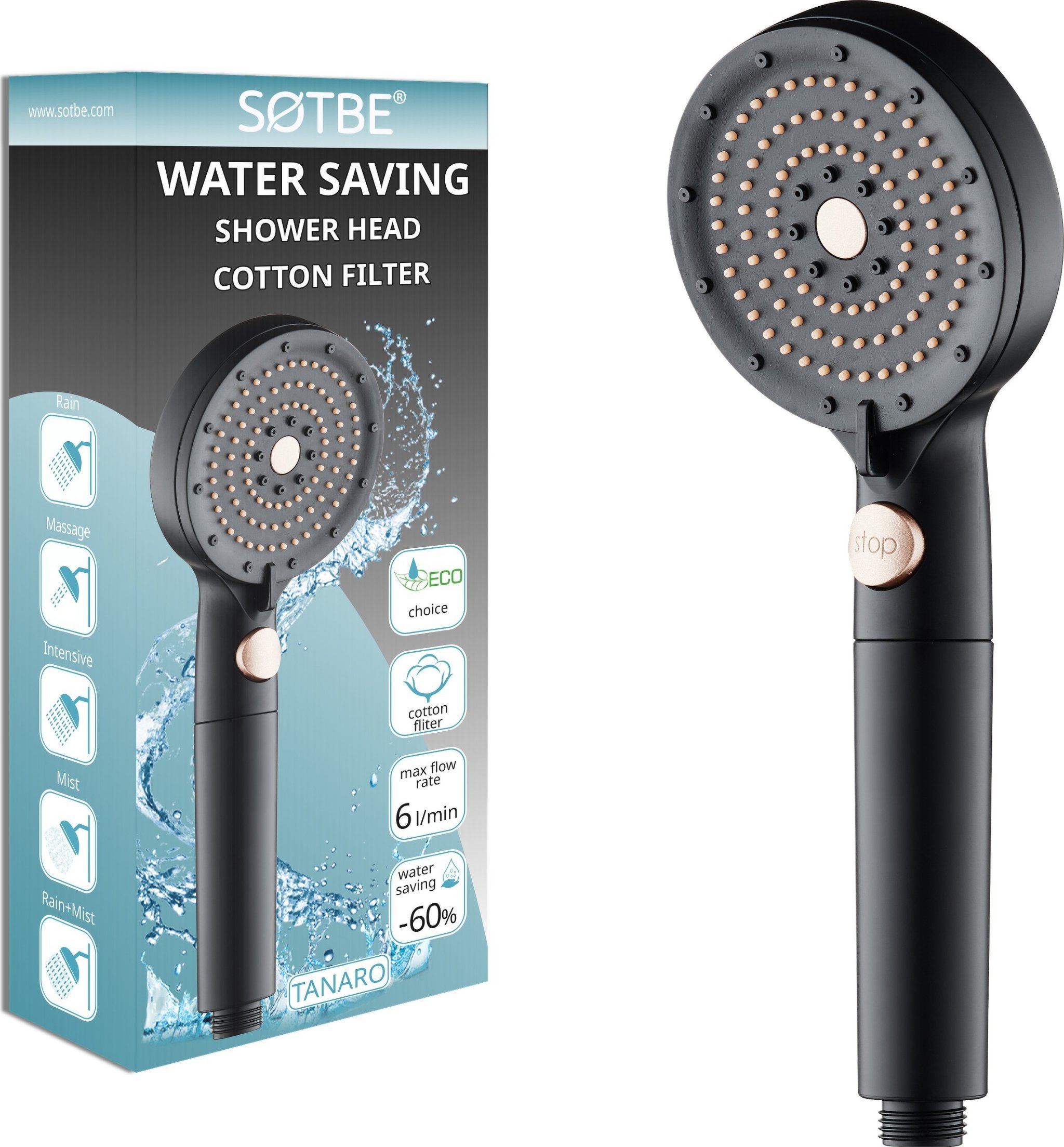 Sotbe SOTBE LARK TANARO wodooszczędna słuchawka prysznicowa 5 zakresowa z filtrem. Kolor czarny
