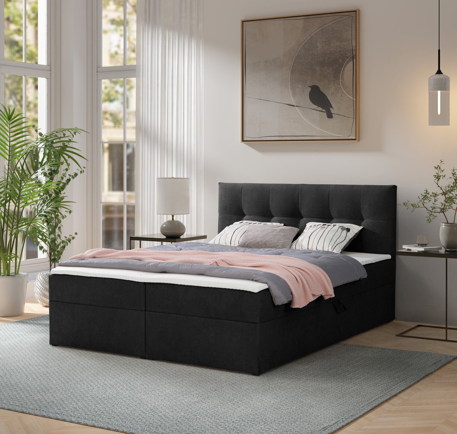 Łóżko kontynentalne Toronto 160200 (Gerra 75 - Czarny) z materacem bonell i topperem