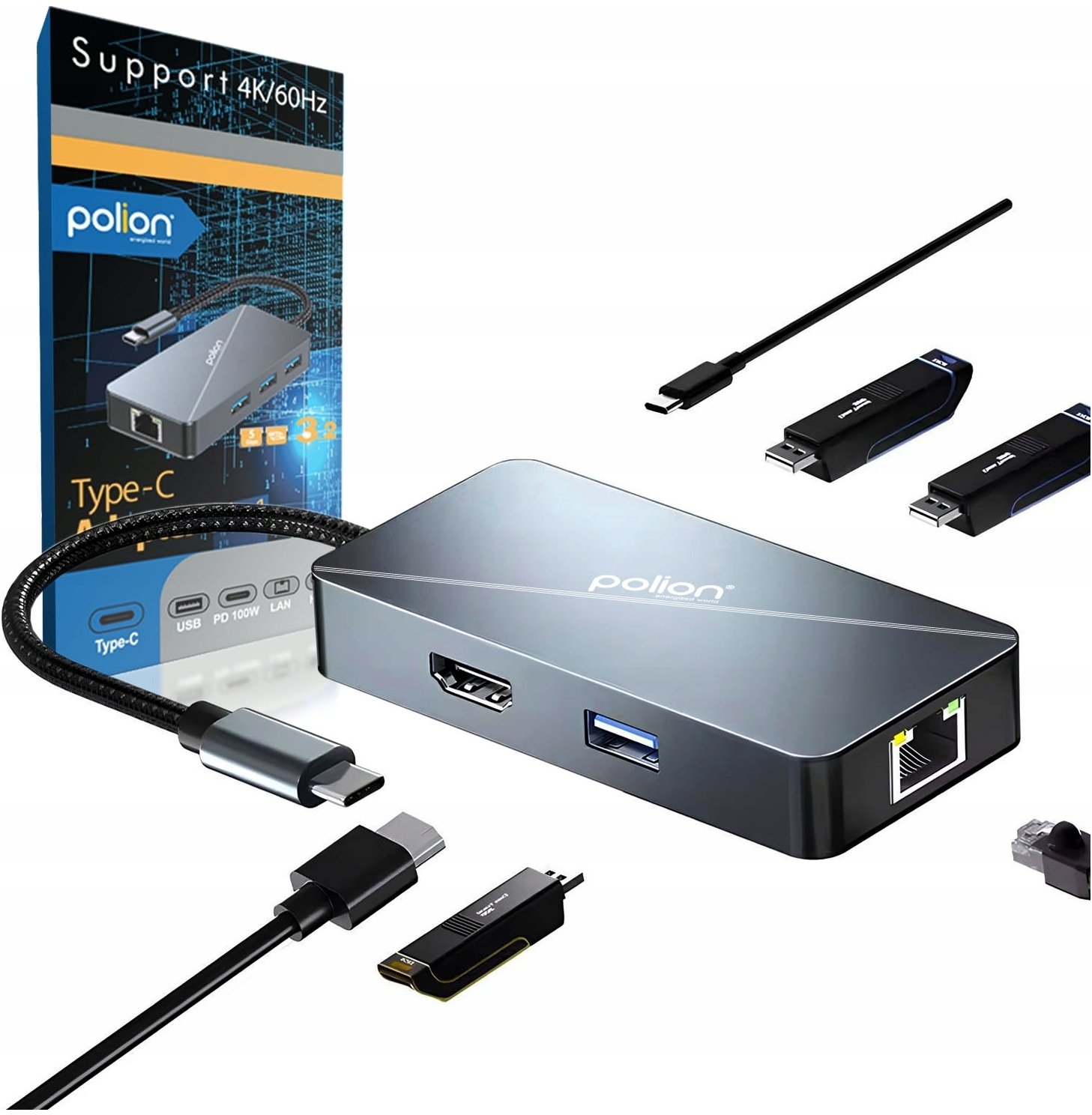 HUB USB-C 3*USB-A + USB-C PowerDelivery + RJ45 + HDMI