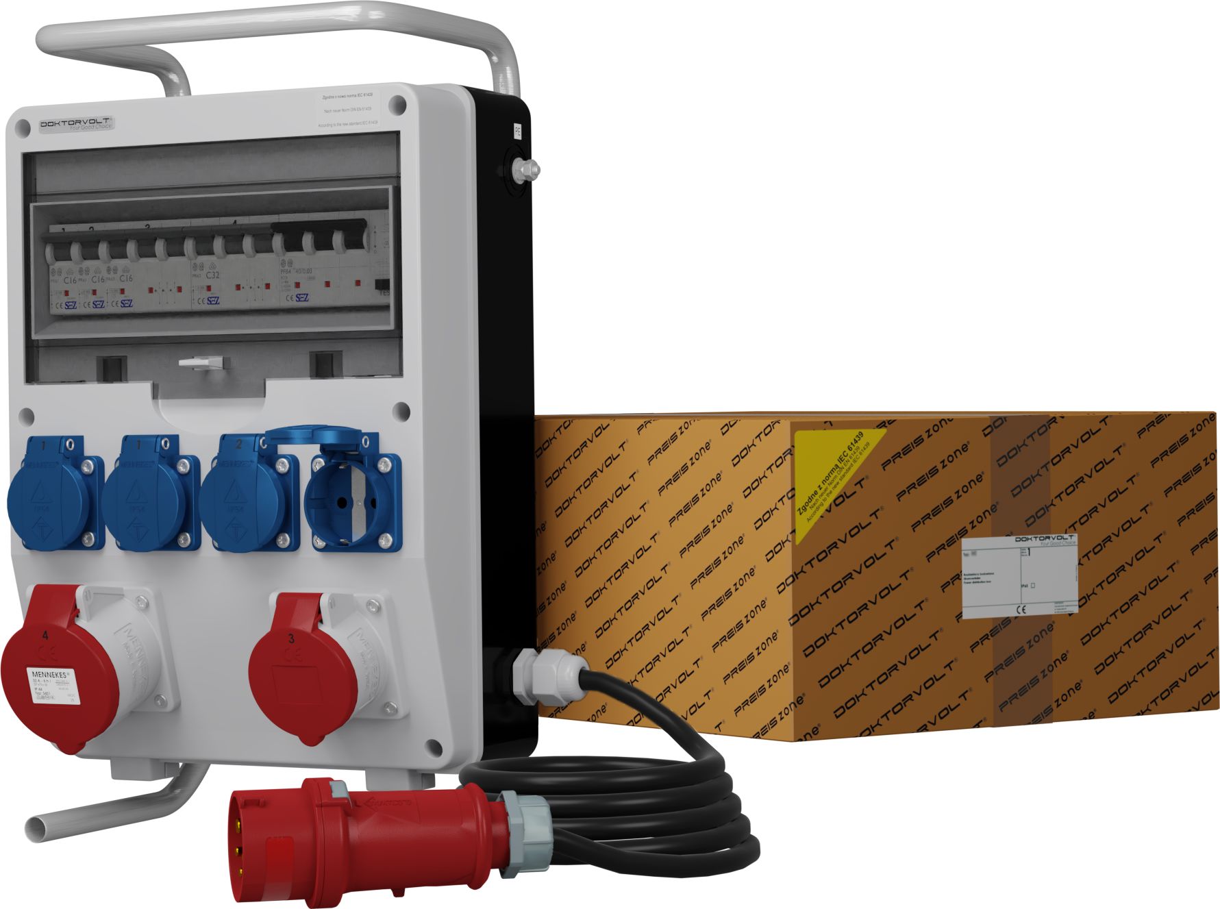 Doktorvolt Rozdzielnica budowlana na stojaku z kablem TD-S/FI SKHU 32A 16A 4x230V Schuko Doktorvolt 9368