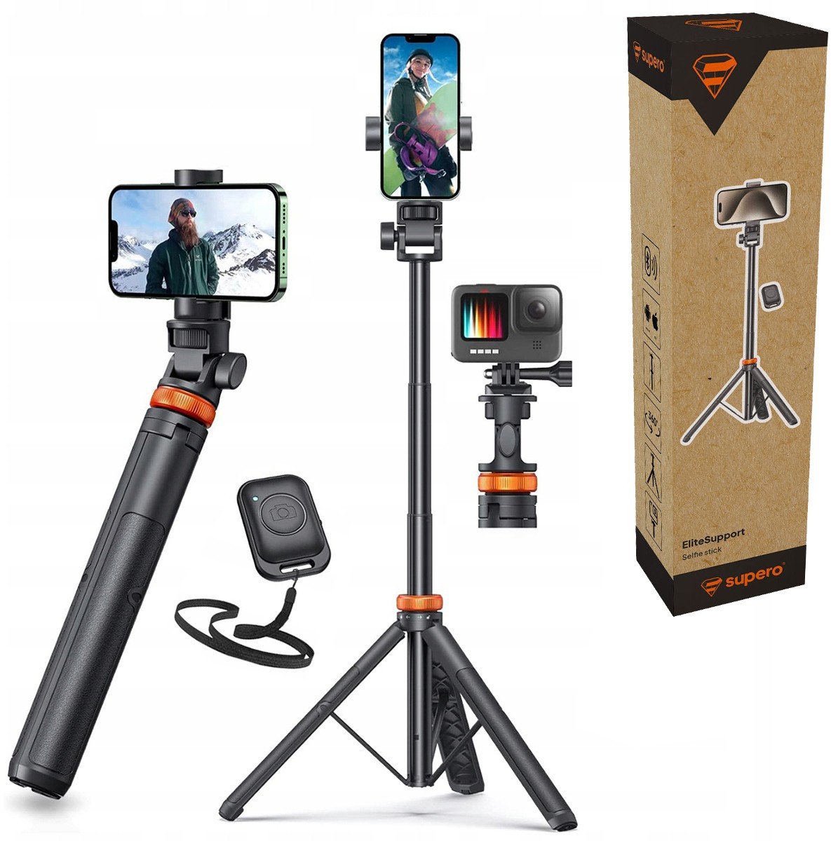 Selfie stick Supero Tripod Bluetooth ze statywem, czarno-pomarańczowy