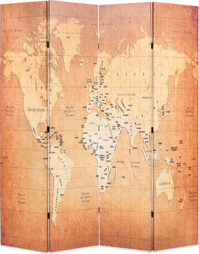 vidaXL Składany parawan, 160x170 cm, nadruk mapy świata, żółty