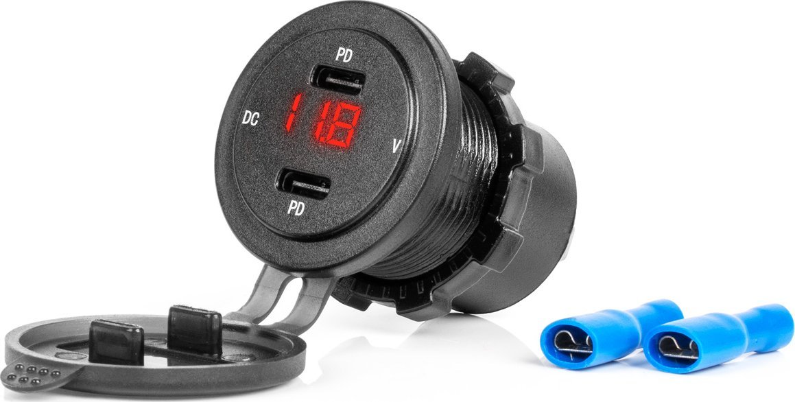 Ładowarka AMiO Ładowarka samochodowa z gniazdami usb i testerem napięcia wodoodporna 2x usb-c 12v 24v amio-04225
