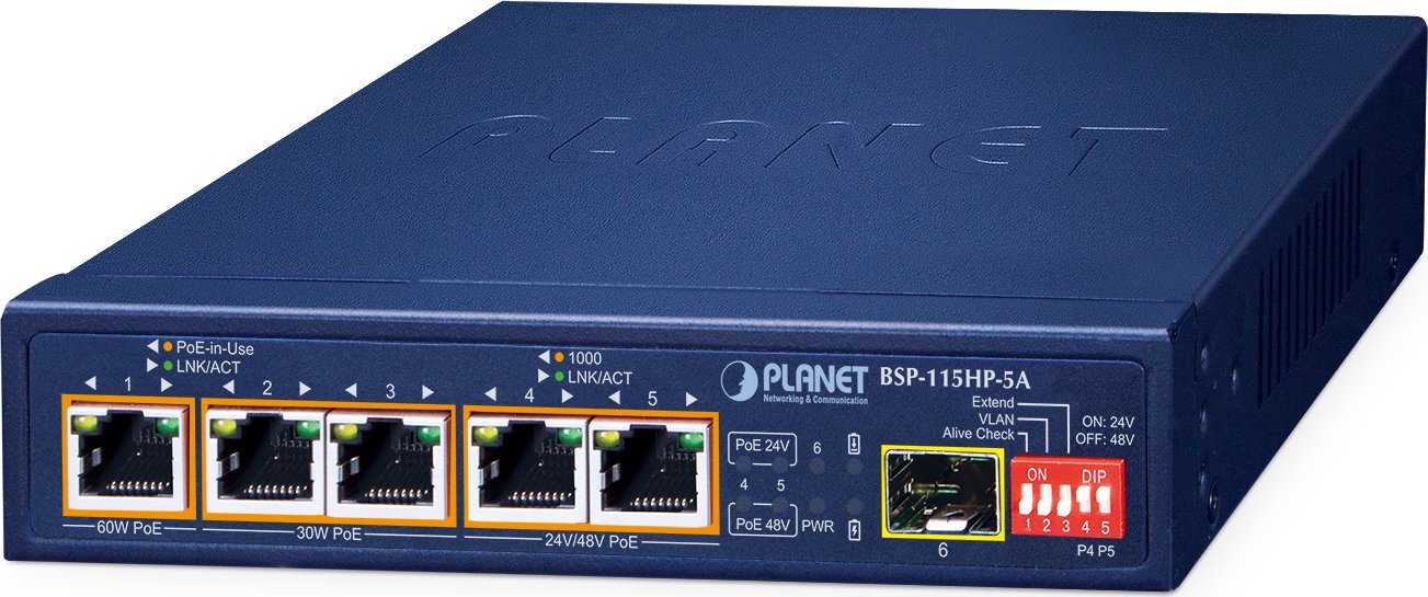 PLANET BSP-115HP-5A łącza sieciowe Nie zarządzany Gigabit Ethernet (10/100/1000) Obsługa PoE Niebieski
