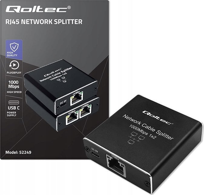 Qoltec Rozdzielacz Splitter mini SWITCH 1x2 port RJ45 | 1000Mbps | USB-C| Aluminium