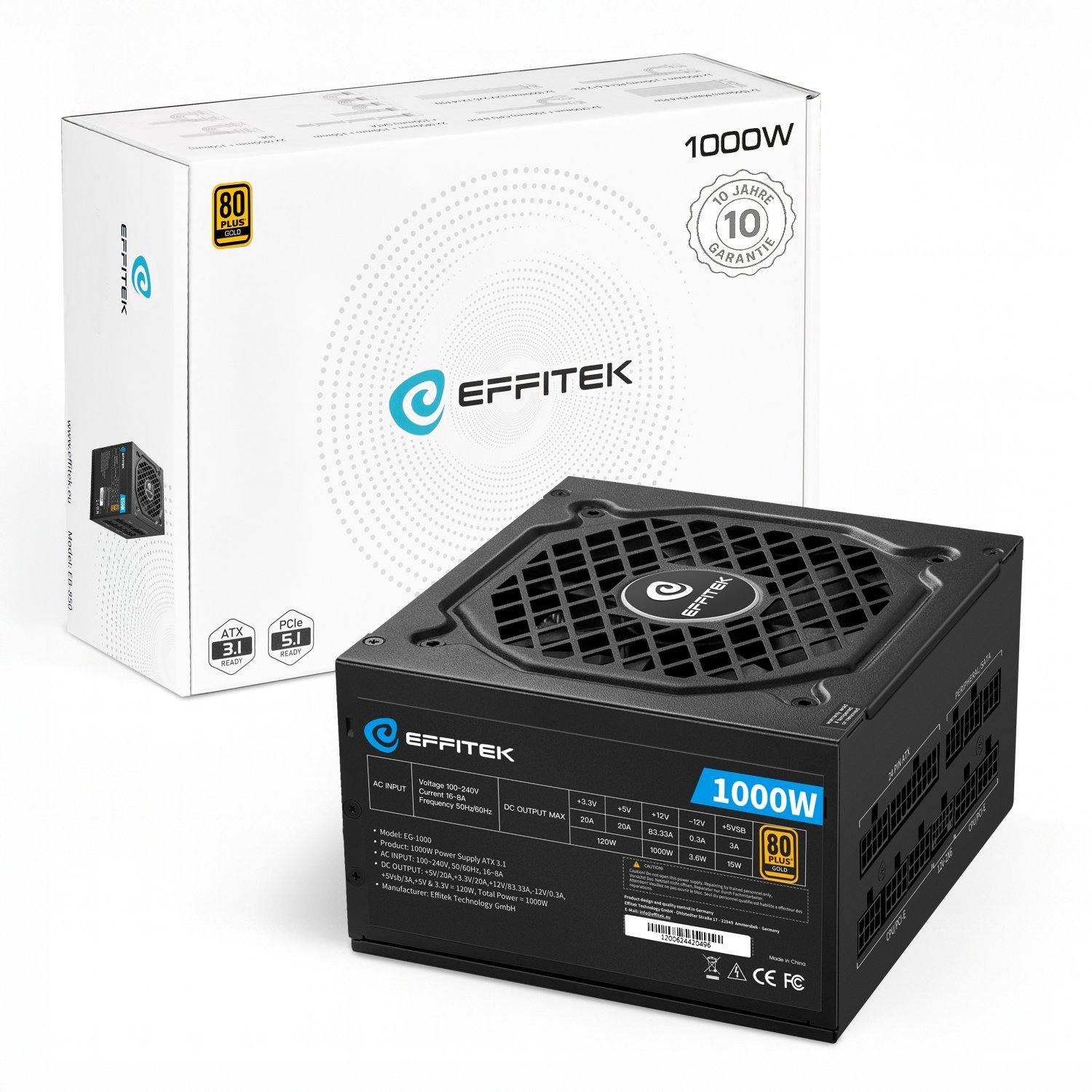 Zasilacz EFFITEK Zasilacz 1000W Gold ATX 3.1, PCI 5.1 Kabel modularny