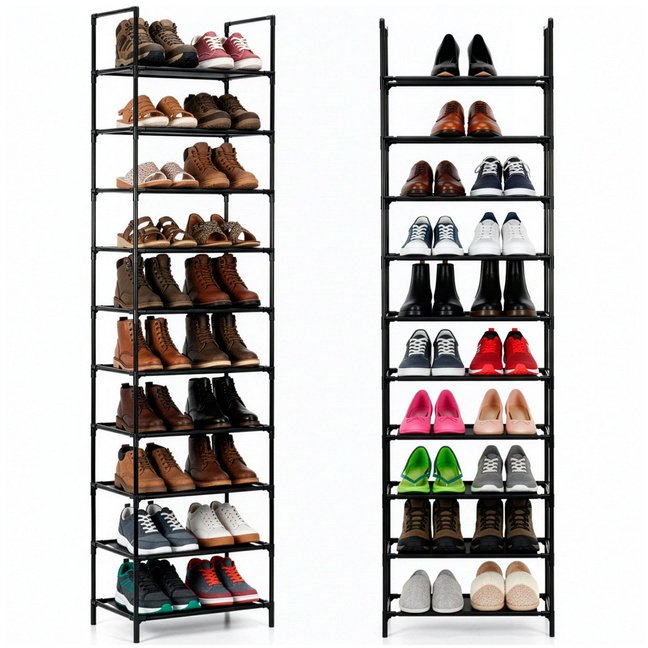 Springos Półka na buty 10 poziomów, metalowy regał na buty 178 cm czarny UNIWERSALNY