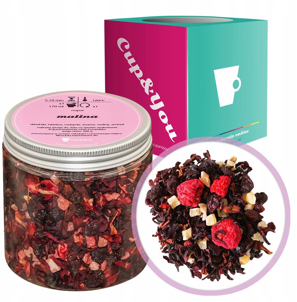 Najlepsza herbata owocowa MALINA rodzynki ananas hibiskus 200g napar - herbata sypana liściasta napar z suszu PREMIUM Cup&You
