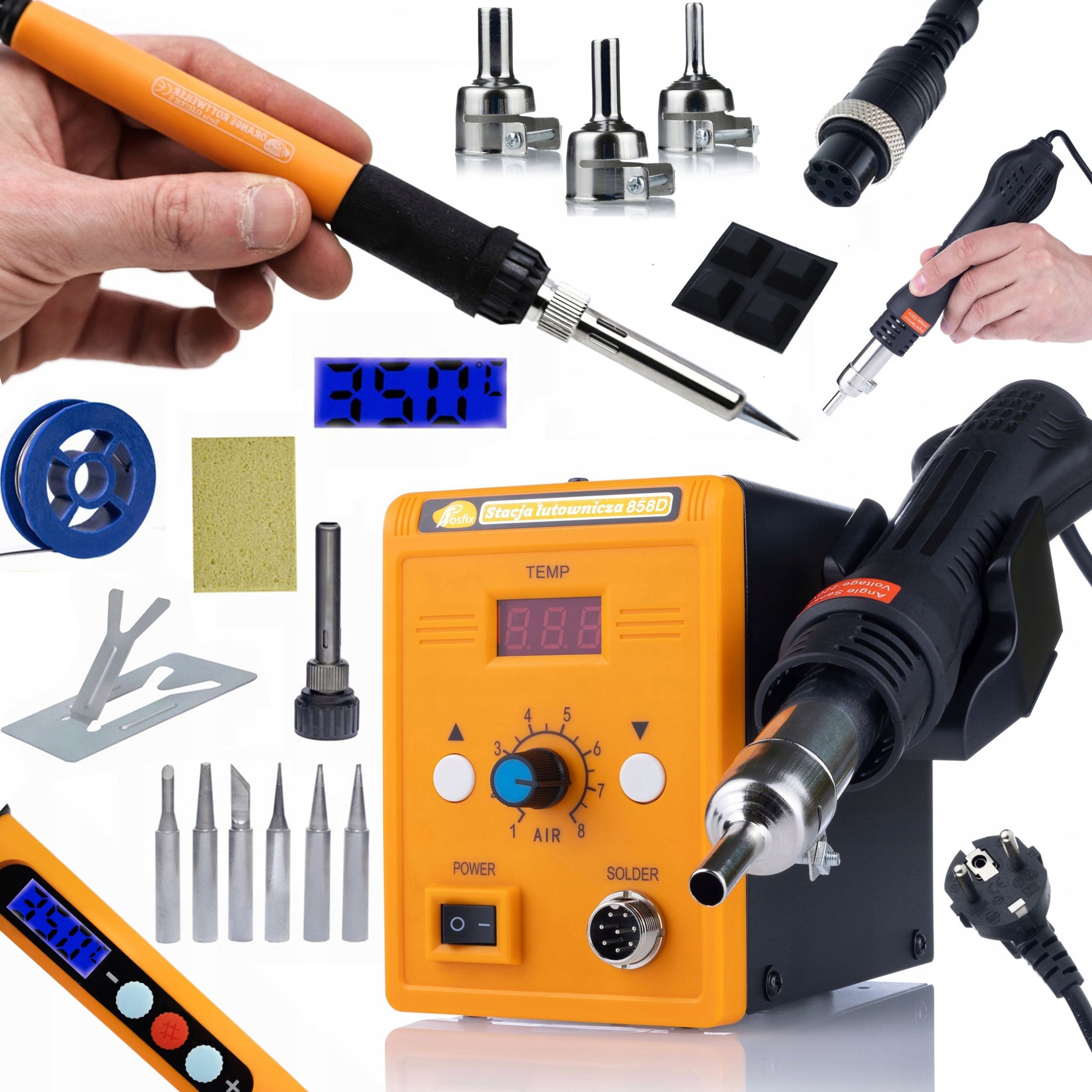 Rosfix ZESTAW STACJA LUTOWNICZA HOT-AIR SPAWARKA 858D + LUTOWNICA Z WYŚWIETLACZEM