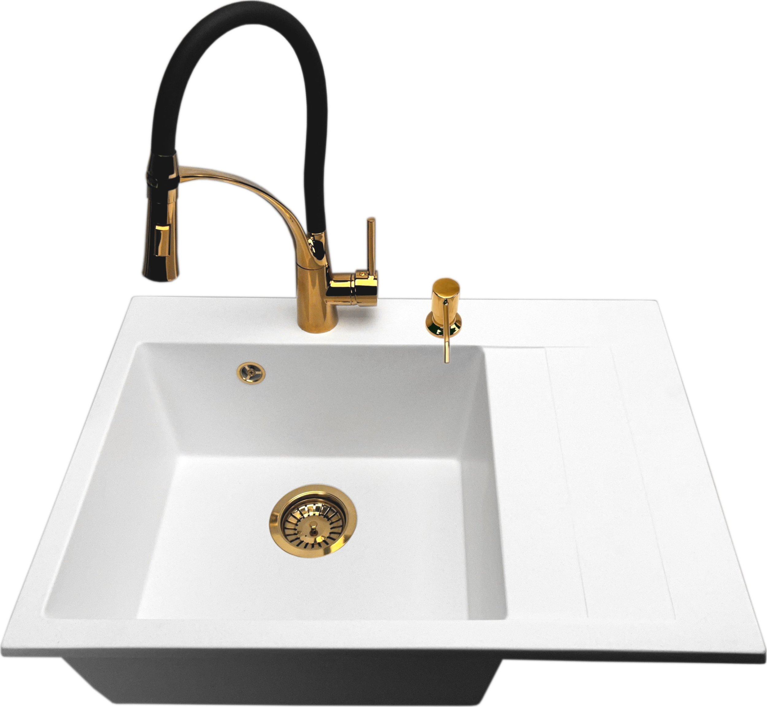 Zlewozmywak PREHNIT Zlewozmywak jednokomorowy z ociekaczem LOBSTER biały + bateria złota NEXO + dozownik złoty