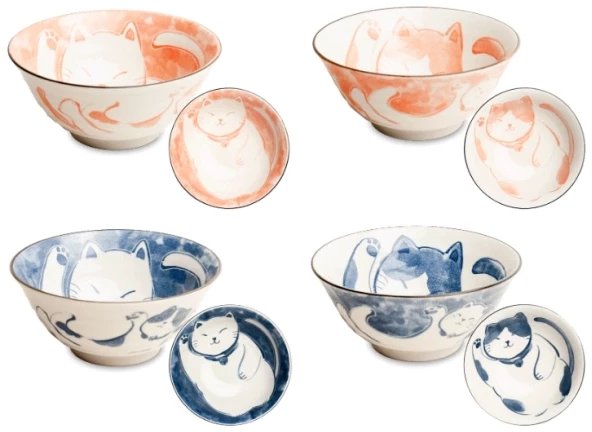 Zestaw 4 japońskich misek różowa i niebieska, Neko Nishiki 14,5 cm x 6,5 cm - Emro