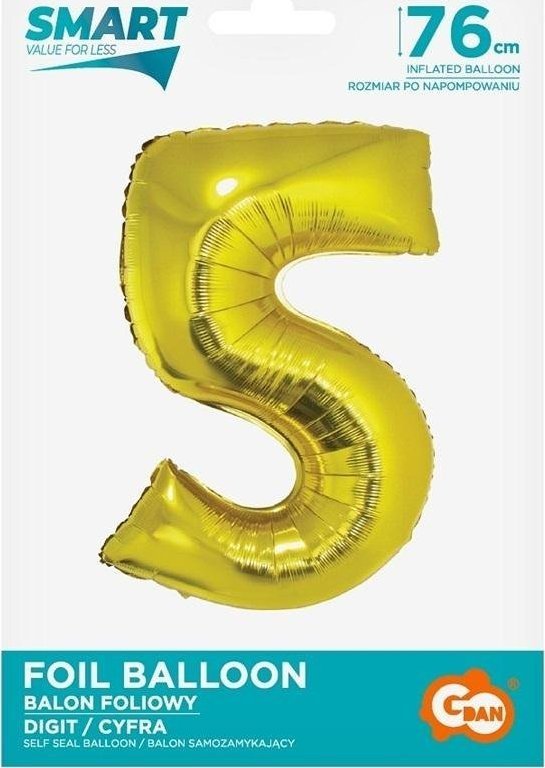 GoDan Balon foliowy cyfra 5 złota Smart 76cm