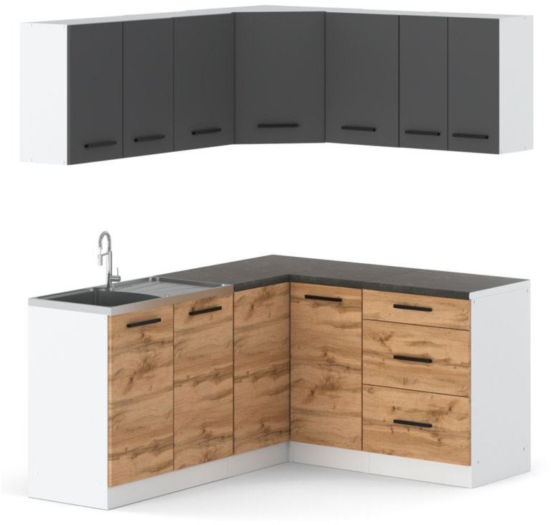 Meble Kuchenne Nowoczesne Narożne Modułowe Zestaw Danka Szary Mat Dąb Wotan